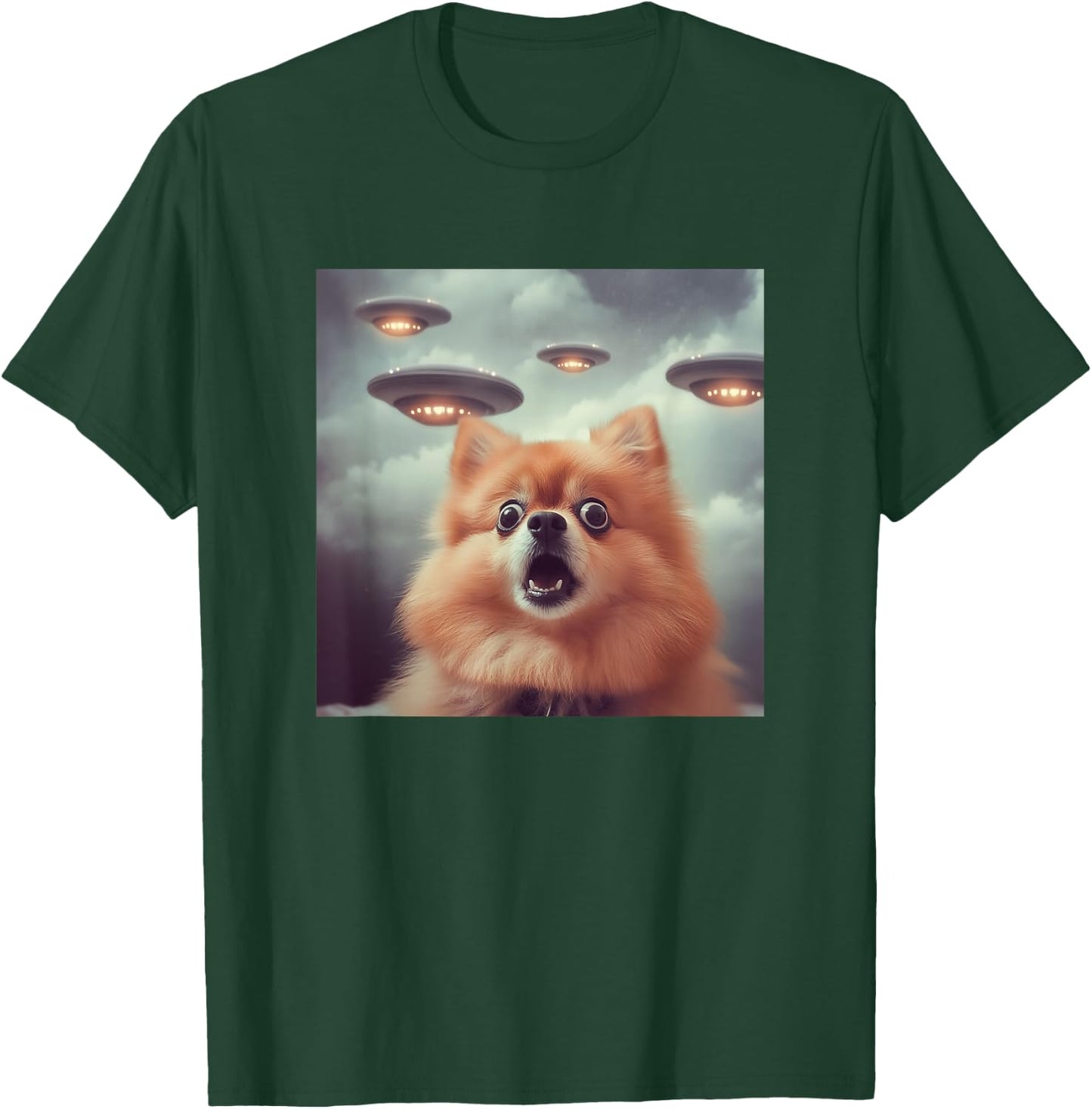 Pomeranian Selfie with UFOs Strange Print Graphic Space Funny T-Shirt - T-Shirt | Forest