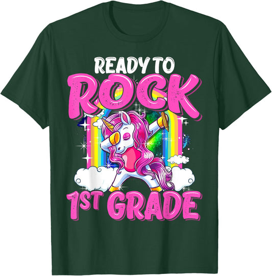 Ready To Rock 1st Grade Dabbing Unicorn Back To School Girls T-Shirt - T-Shirt | Forest