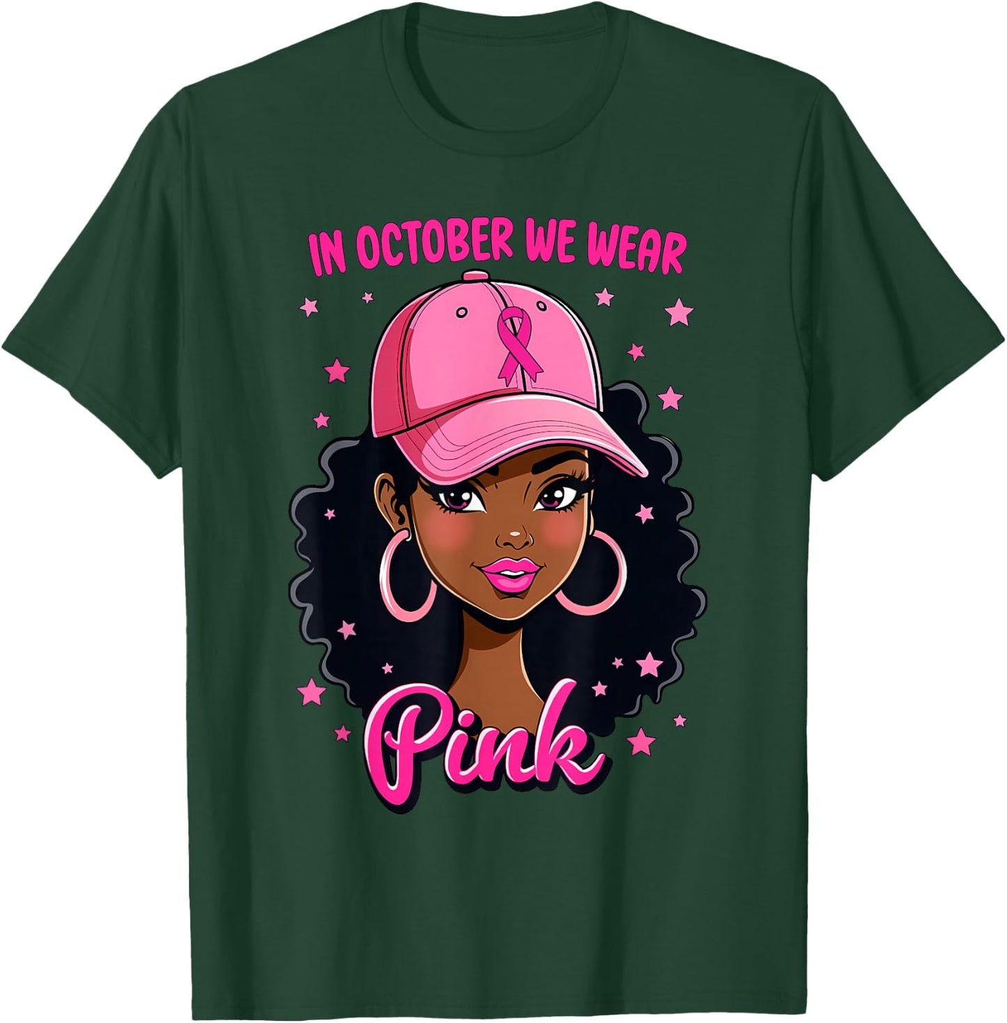 In October We Wear Pink Breast Cancer Awareness Black Girl T-Shirt - T-Shirt | Forest