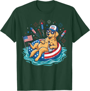 Patriotic Golden Retriever Beer Floatie USA Flag 4th of July T-Shirt - T-Shirt | Forest