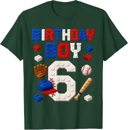 6th Birthday Boy 6 Year Old Baseball Building Blocks Party T-Shirt - T-Shirt | Forest