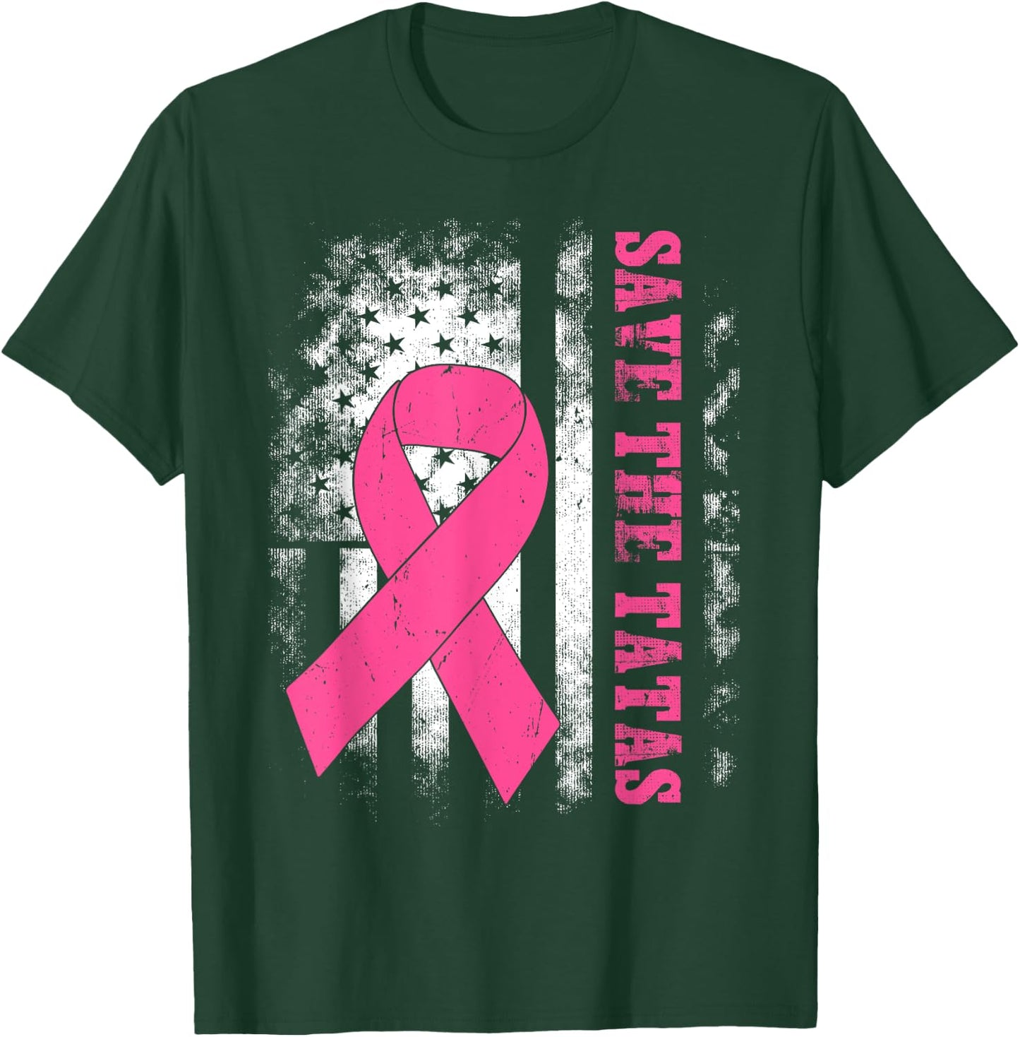 Save The Tatas Breast Cancer Awareness USA Flag Pink Ribbon T-Shirt - T-Shirt | Forest