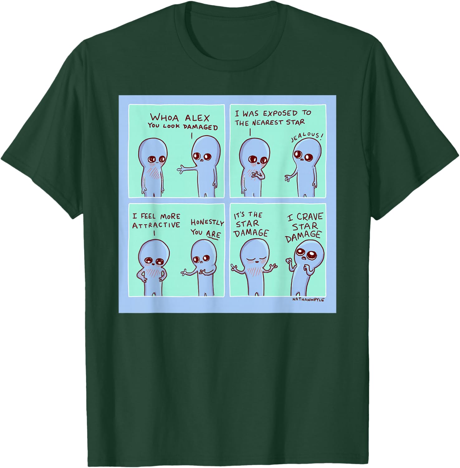 Threadless Nathan W. Pyle Strange Planet Star Damage Graphic T-Shirt - T-Shirt | Forest