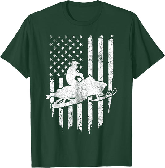 Vintage American Flag Snowmobiling Snowmobile Rider T-Shirt - T-Shirt | Forest