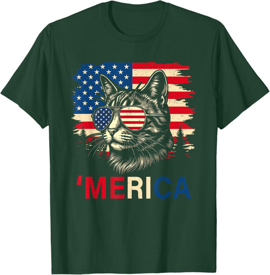 'Merica Cat Patriotic USA Flag Sunglasses Funny Men Women T-Shirt - T-Shirt | Forest