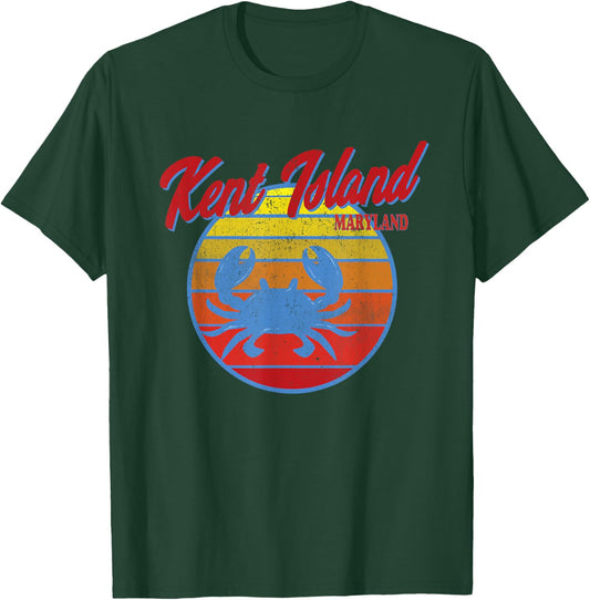 Kent Island MD Retro Blue Crab Ocean Sunset T-Shirt - T-Shirt | Forest