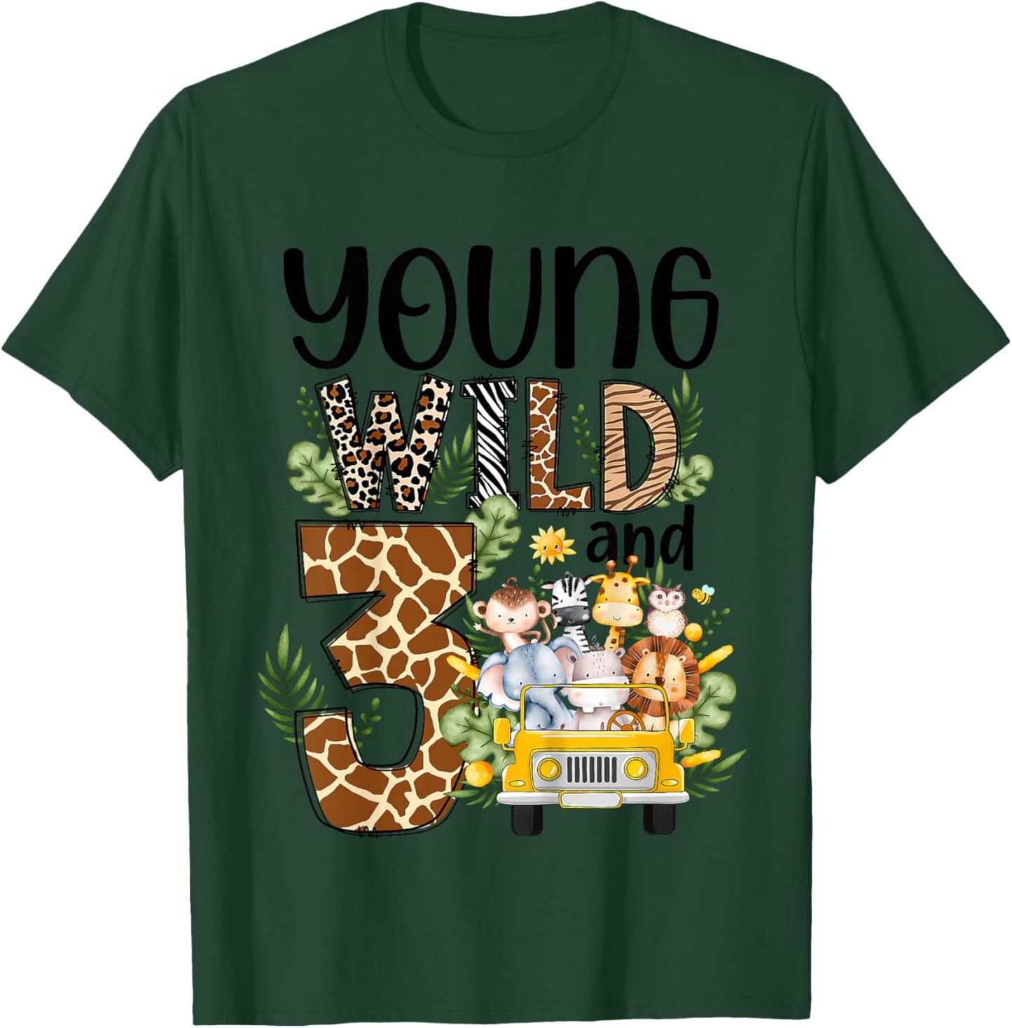 Kids Young Wild and Three African Safari 3 Year Old 3rd Birthday T-Shirt - T-Shirt | Forest