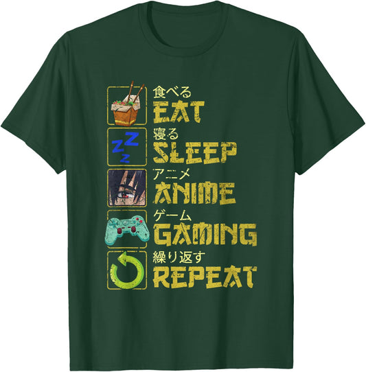 Vintage Eat Sleep Anime Gaming Repeat Kawaii Otaku Manga T-Shirt - T-Shirt | Forest