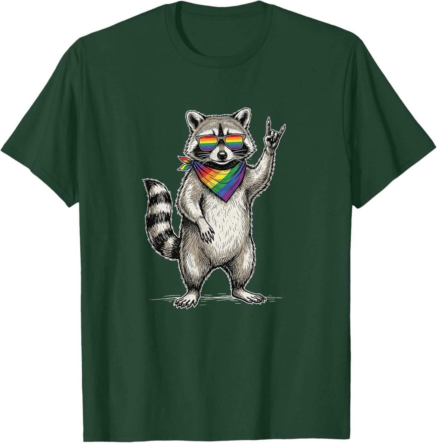 Rock Hand Raccoon Rainbow Flag LGBTQ Pride Month Men Women T-Shirt - T-Shirt | Forest