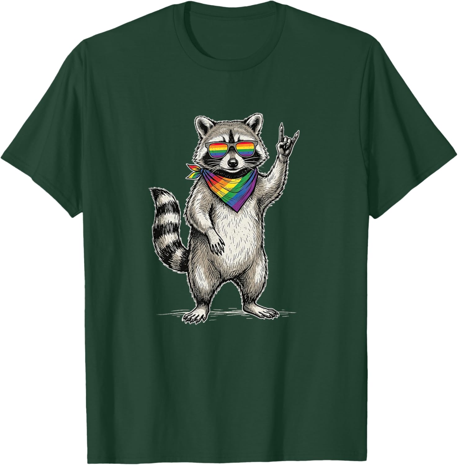 Rock Hand Raccoon Rainbow Flag LGBTQ Pride Month Men Women T-Shirt - T-Shirt | Forest