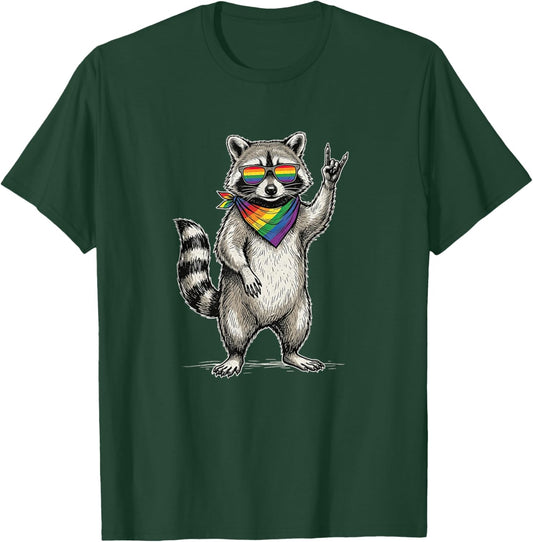 Rock Hand Raccoon Rainbow Flag LGBTQ Pride Month Men Women T-Shirt - T-Shirt | Forest