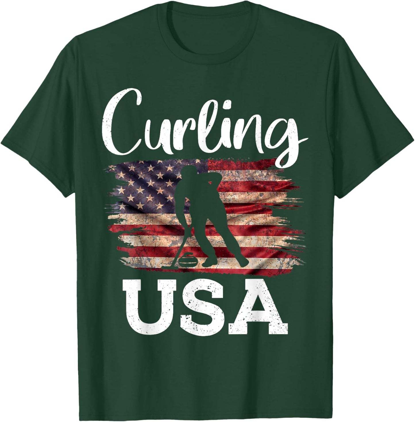 Curling USA Curler Winter Sports American Flag T-Shirt - T-Shirt | Forest