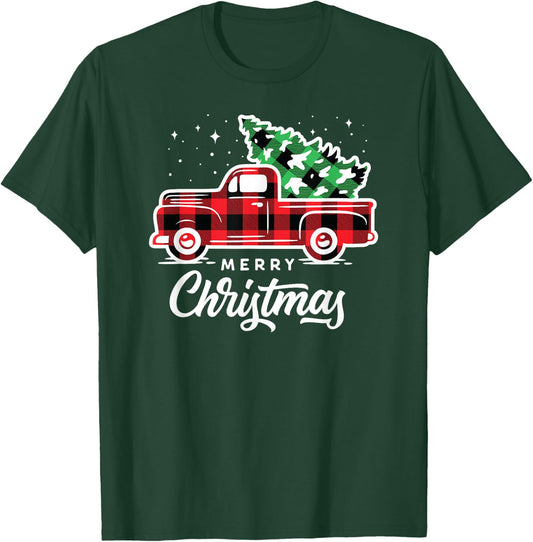 Merry Christmas Pjs Buffalo Plaid Red Truck Christmas Tree T-Shirt - T-Shirt | Forest