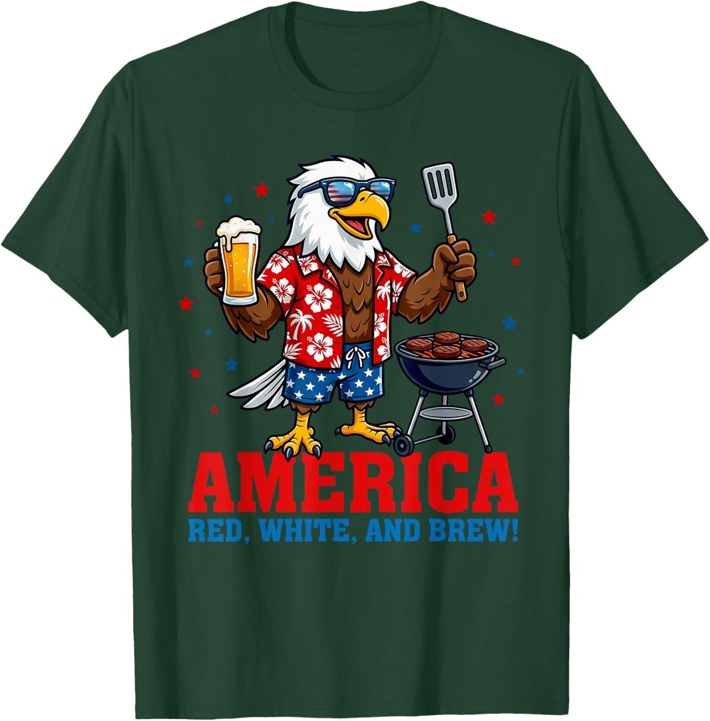 America Red White and Brew Eagle BBQ Beer 4th of July Grill T-Shirt - T-Shirt | Forest