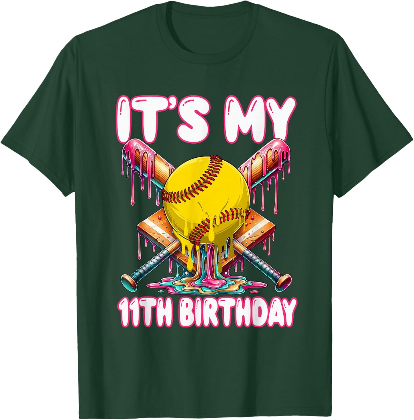 It's My 11th Birthday Softball Drip 11 Year Old Girl Party T-Shirt - T-Shirt | Forest