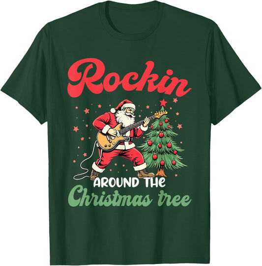 Rockin Around Christmas Tree Rock Music Guitar Xmas Party T-Shirt - T-Shirt | Forest
