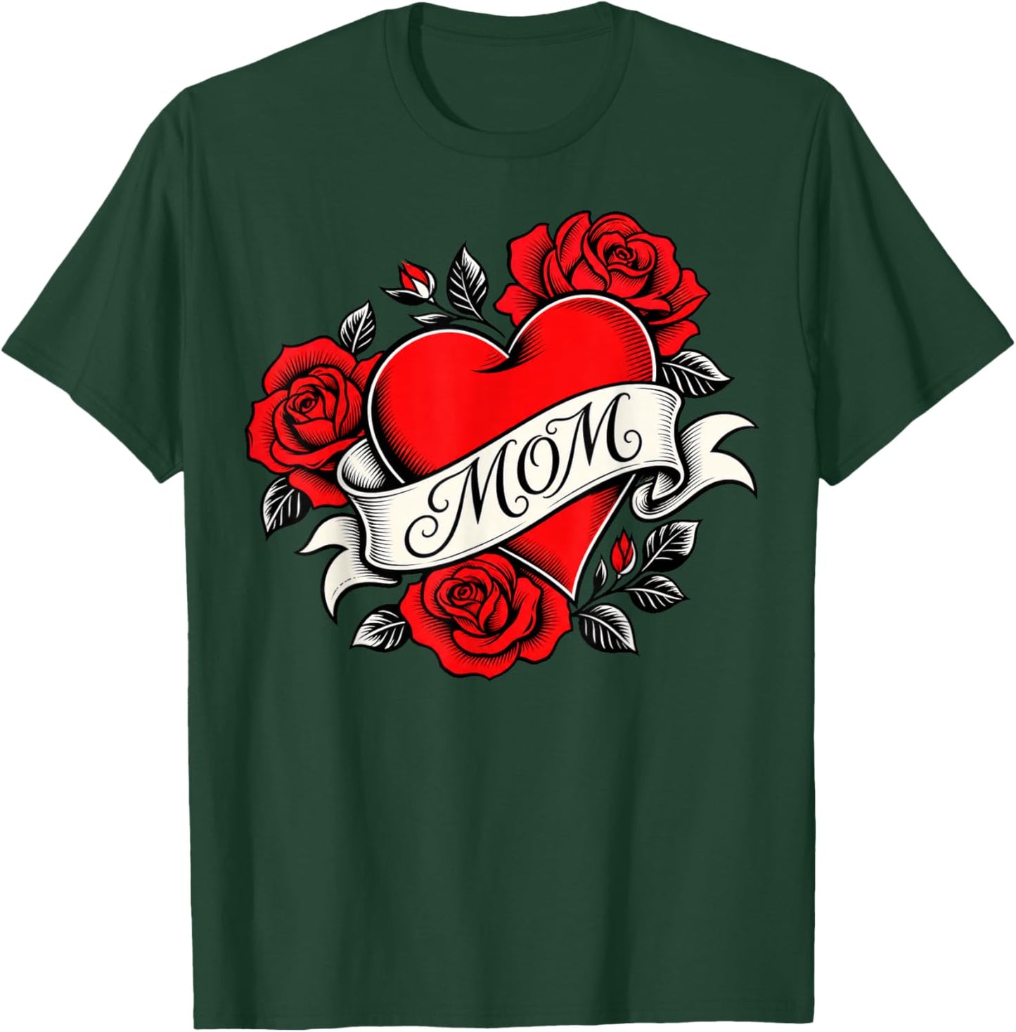 Bold Heart Tattoo with Roses and MOM Banner T-Shirt - T-Shirt | Forest