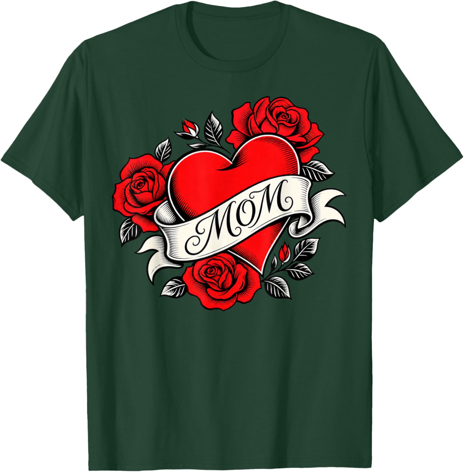Bold Heart Tattoo with Roses and MOM Banner T-Shirt - T-Shirt | Forest