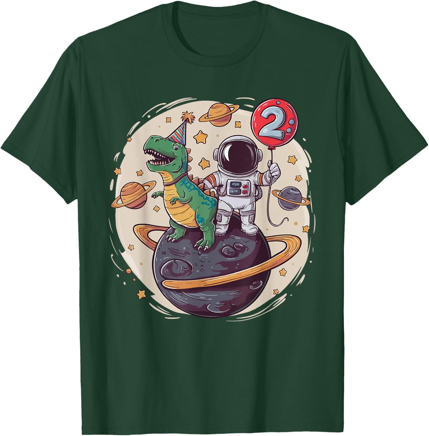2 Years Old Birthday Boy Astronaut Dinosaur 2nd Birthday T-Shirt - T-Shirt | Forest