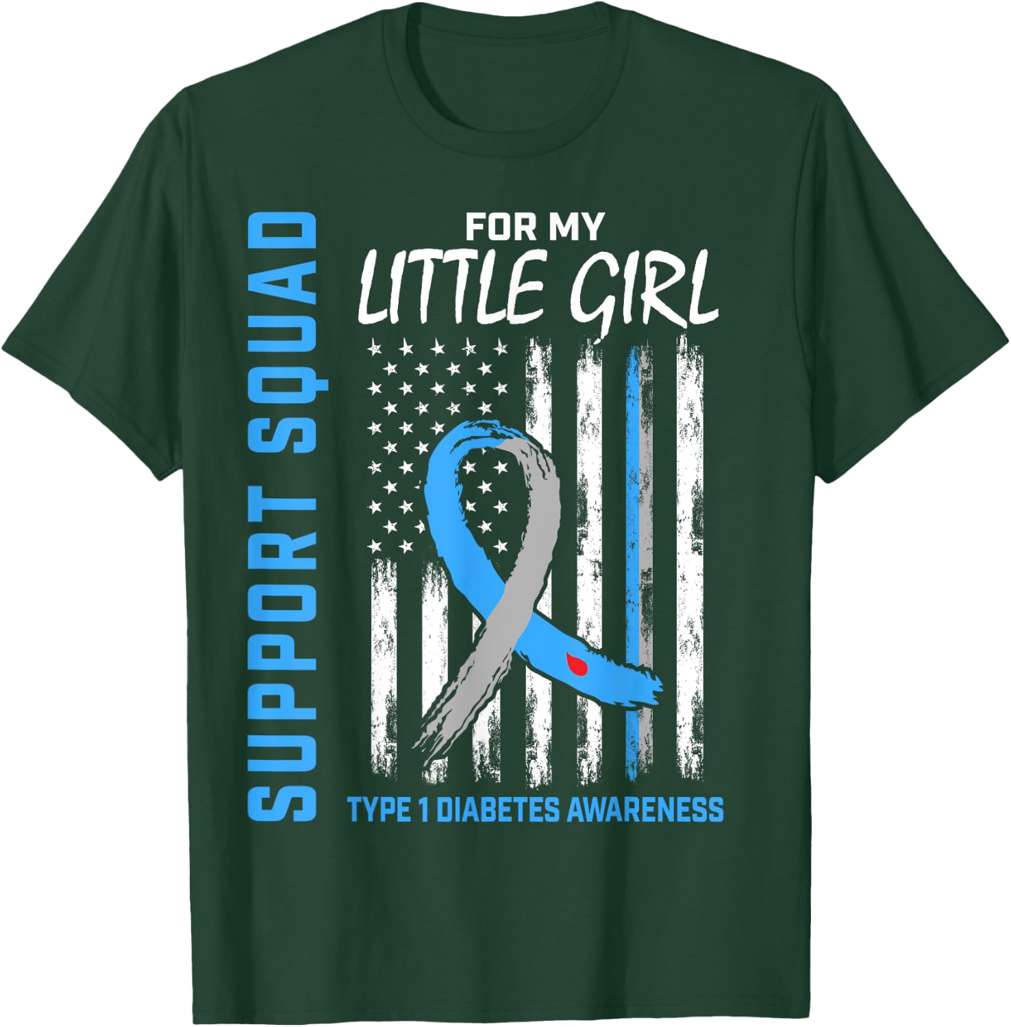 Little Girl Type 1 Diabetes Shirt USA Flag Support Squad T1D T-Shirt - T-Shirt | Forest