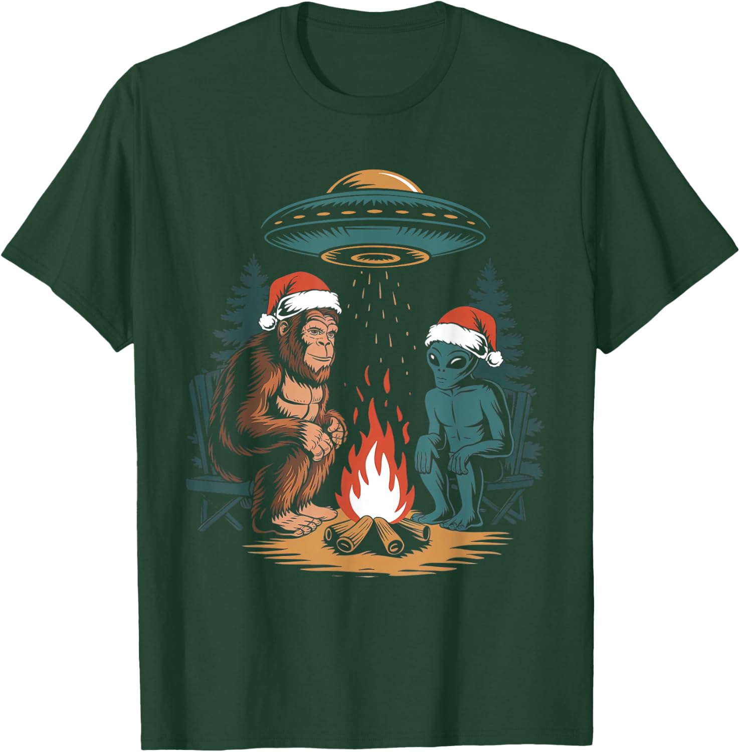 Funny Bigfoot Alien UFO Santa Hat Campfire Outdoor Christmas T-Shirt - T-Shirt | Forest