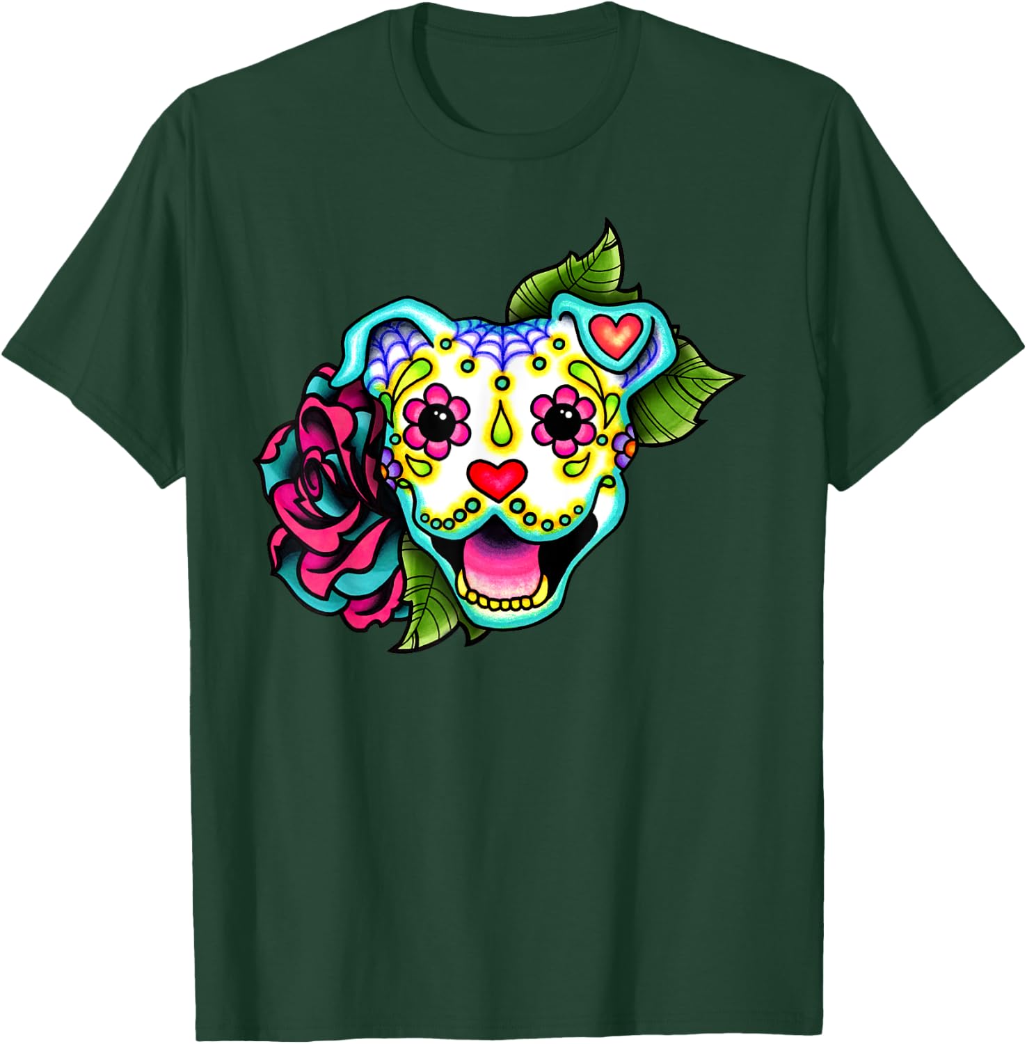 Smiling Pitbull in White - Day of the Dead Sugar Skull Dog Men Women Girls Kids T-Shirt - T-Shirt | Forest