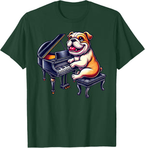 Cute English Bulldog Dog Playing Piano Musician Music T-Shirt - T-Shirt | Forest