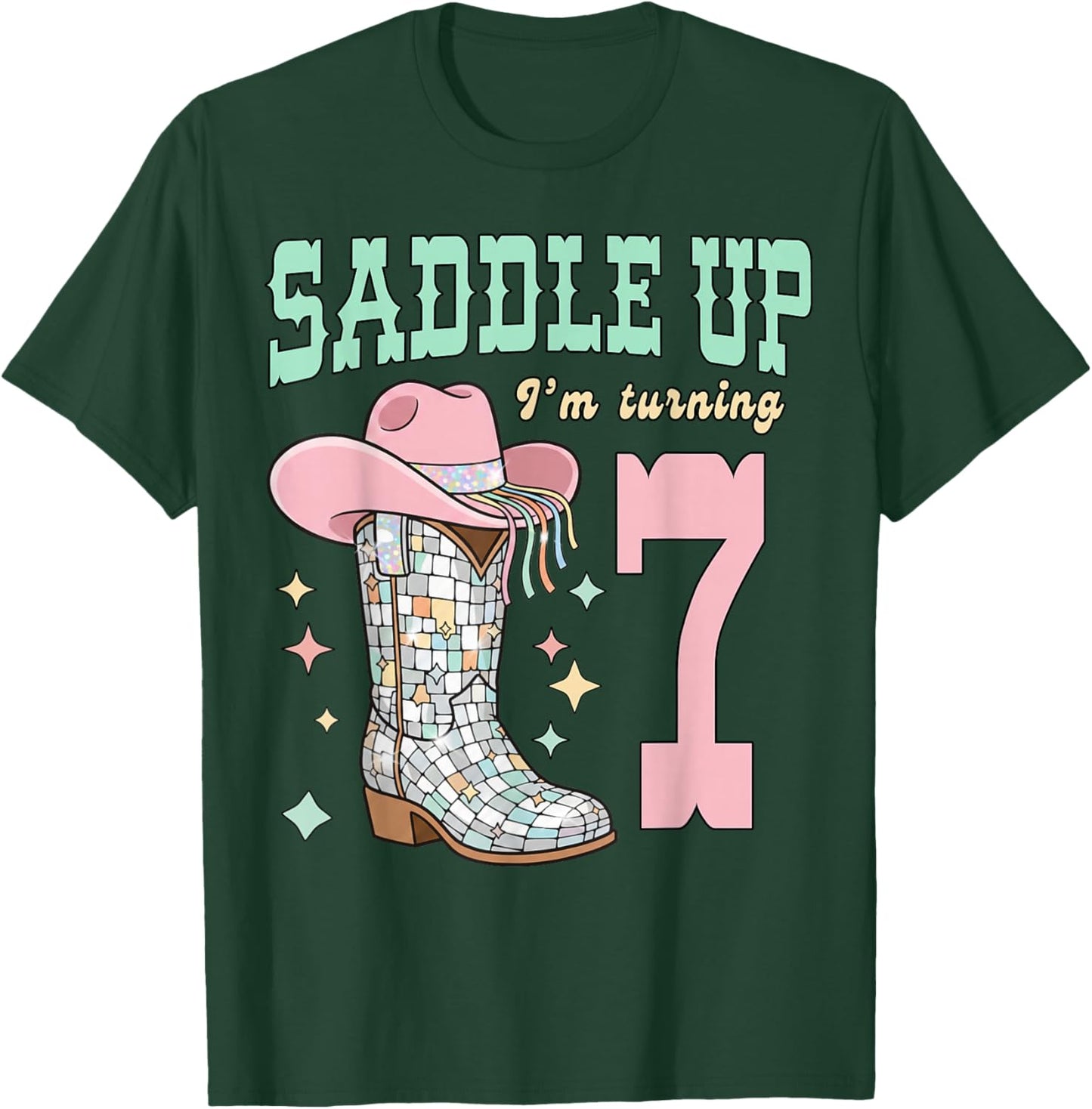 Saddle Up I’m Turning 7 Groovy Cowgirl Disco Western T-Shirt - T-Shirt | Forest
