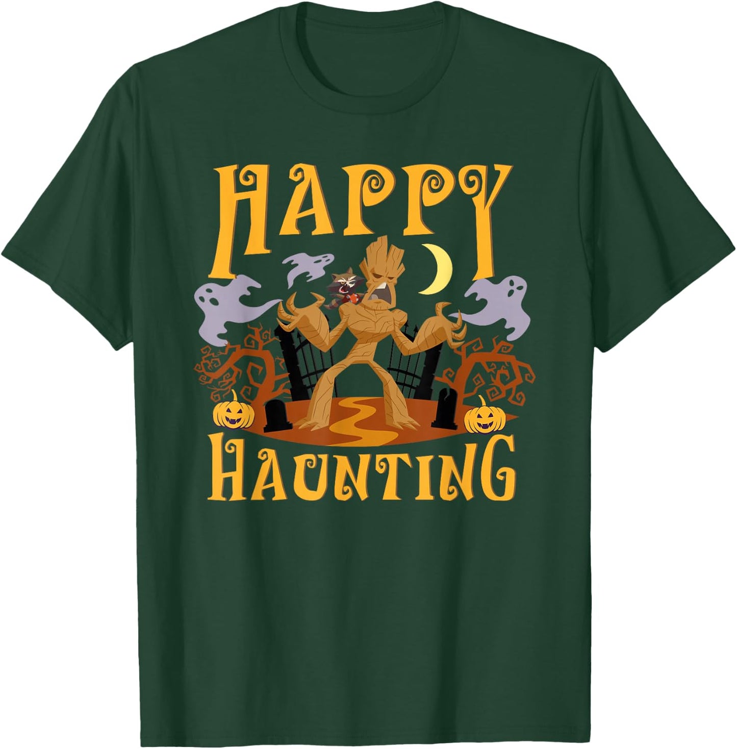 Marvel Groot and Rocket Raccoon Happy Haunting Halloween T-Shirt - T-Shirt | Forest