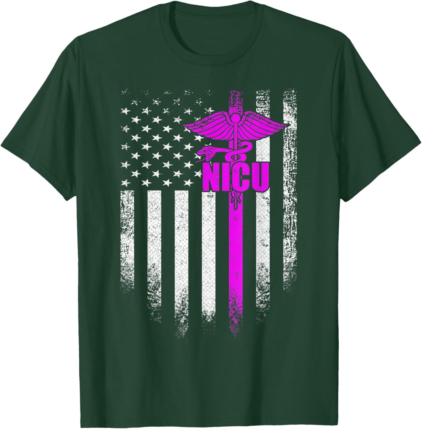 Vintage USA NICU Nurse Distressed American Flag Patriotic Women Men T-Shirt - T-Shirt | Forest