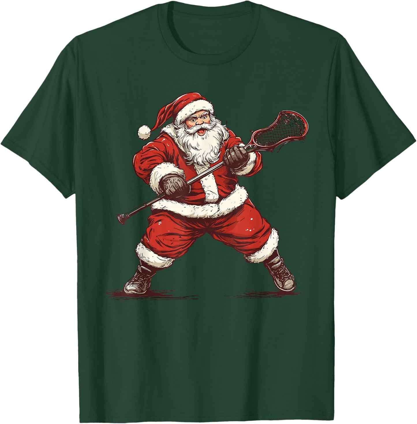 Santa Playing Lacrosse Funny Lacrosse Lax Player Christmas T-Shirt - T-Shirt | Forest