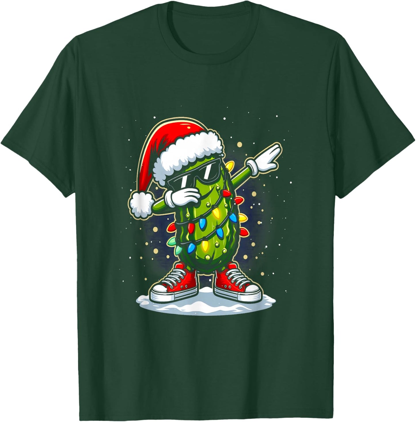 Merry Christmas Pickle Cucumber Dabbing Santa Hat Lights T-Shirt - T-Shirt | Forest
