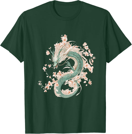 Green Dragon Spirit in Cherry Blossom Glory T-Shirt - T-Shirt | Forest