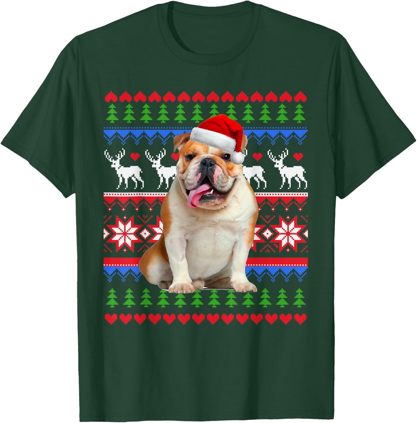 Santa English Bulldog Christmas Light Ugly Christmas Sweater Women Kids T-Shirt - T-Shirt | Forest