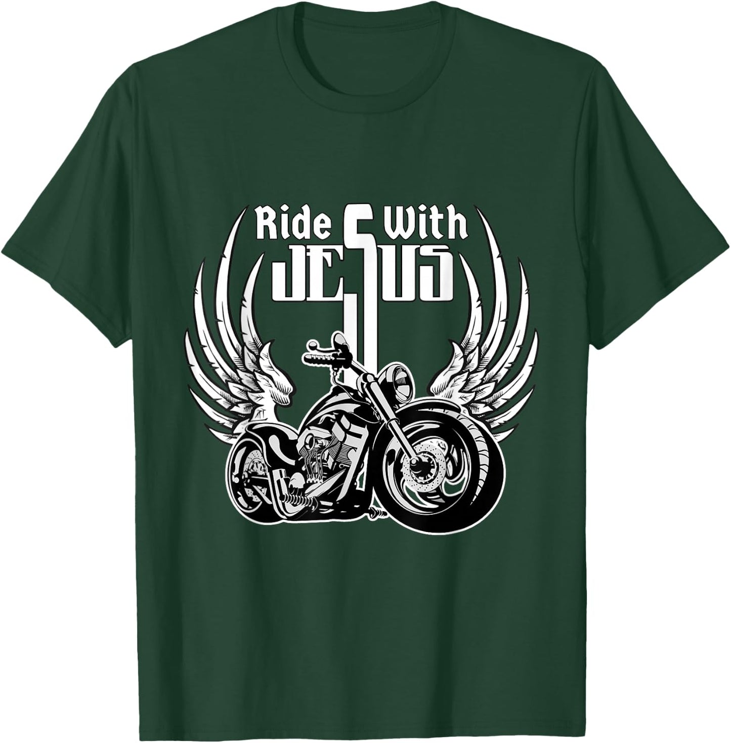 Ride With Jesus Christian Biker Men Women Kids Motorcycle T-Shirt - T-Shirt | Forest