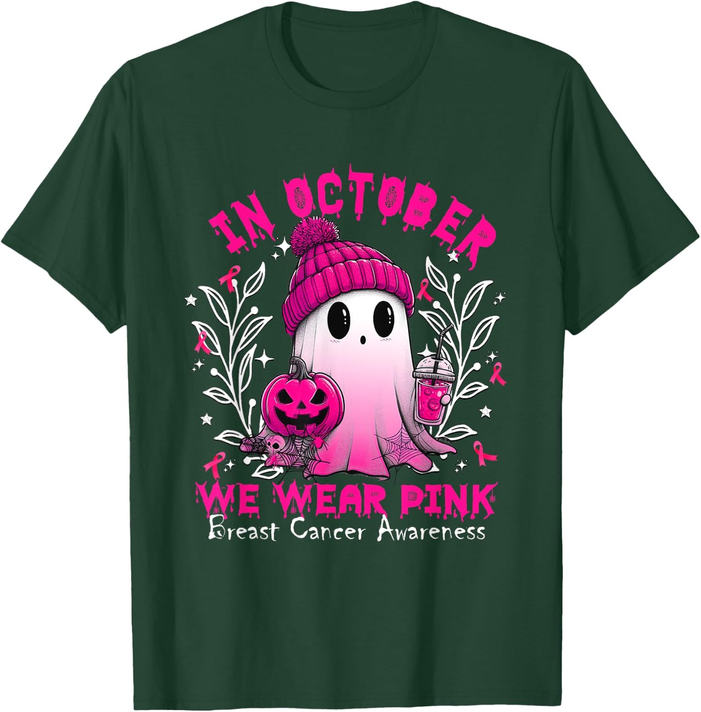 In October We Wear Pink Ghost Witch Breast Cancer Awareness T-Shirt - T-Shirt | Forest