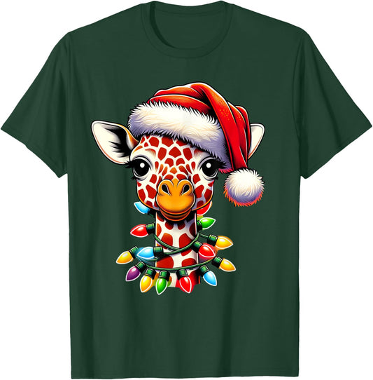 Funny Retro Giraffe Lover Santa Christmas Tree Lighting Xmas T-Shirt - T-Shirt | Forest
