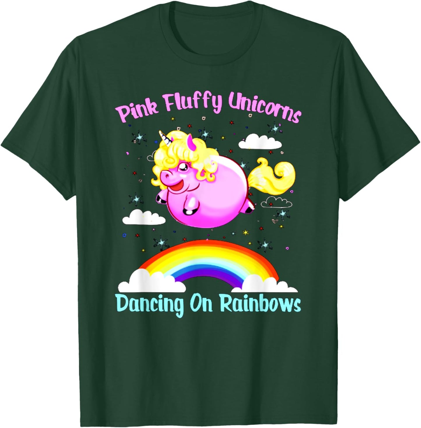 Pink Fluffy Unicorns Dancing On Rainbows T Shirt T-Shirt - T-Shirt | Forest
