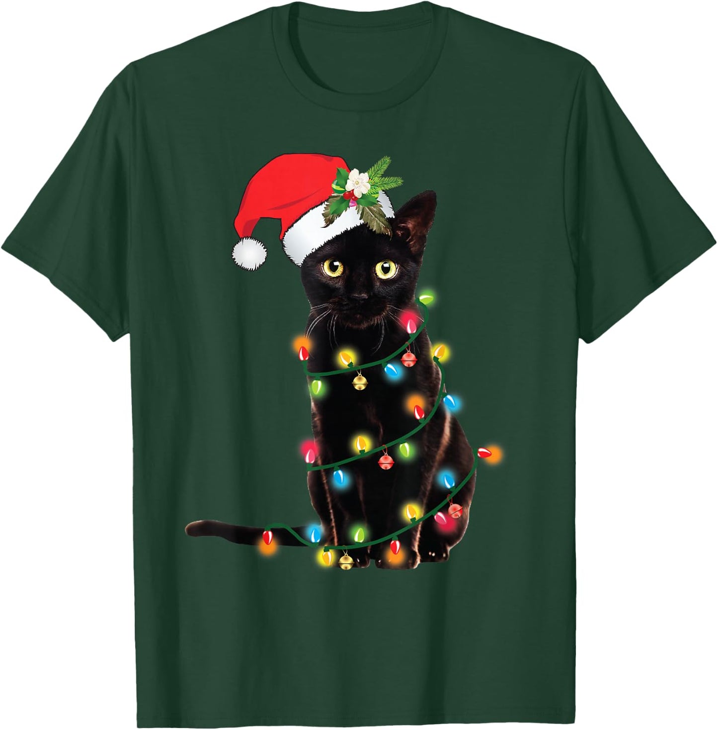 Santa Black Cat Tangled Up In Christmas Tree Lights Holiday T-Shirt - T-Shirt | Forest