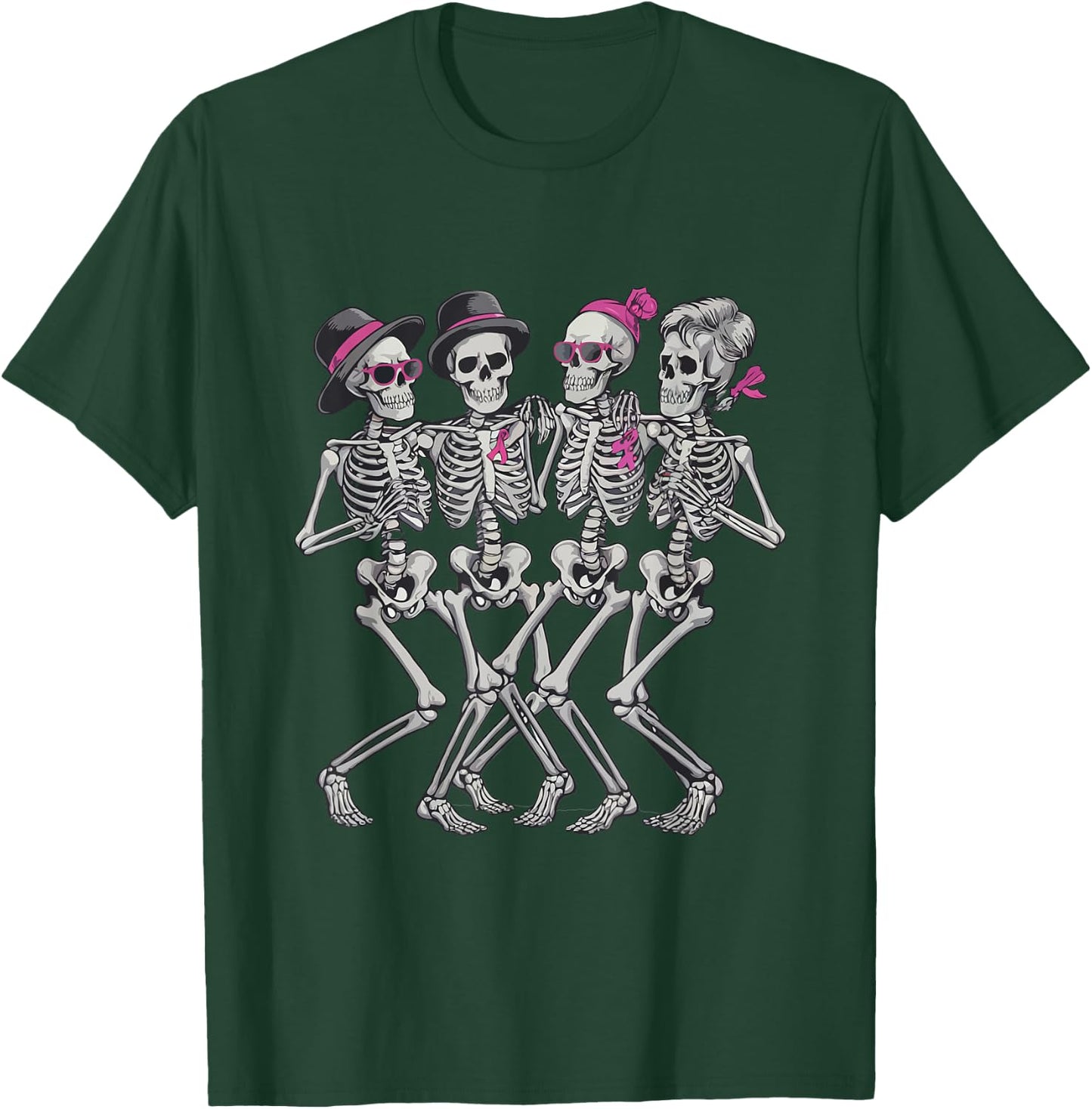 Pink Ribbon Skeleton Halloween Breast Cancer Awareness T-Shirt - T-Shirt | Forest