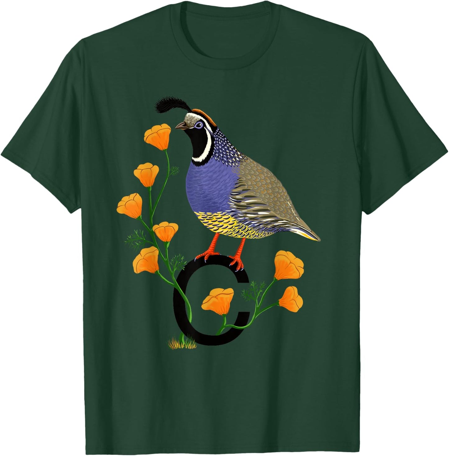 California Quail State Bird Californian Poppy Flowers T-Shirt - T-Shirt | Forest