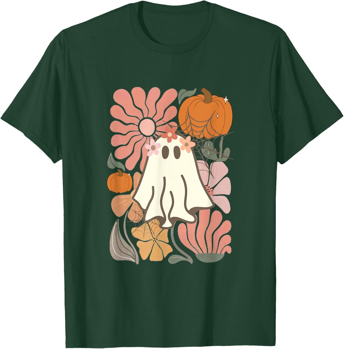 Boho Floral Fall Boho Ghost Cute Halloween girl T-Shirt - T-Shirt | Forest