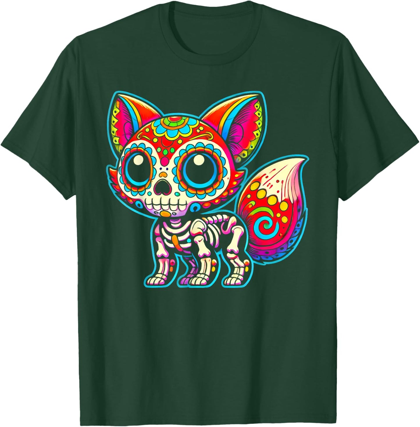 Colorful Sugar Skull Fox Day of the Dead Skeleton Art Lover T-Shirt - T-Shirt | Forest