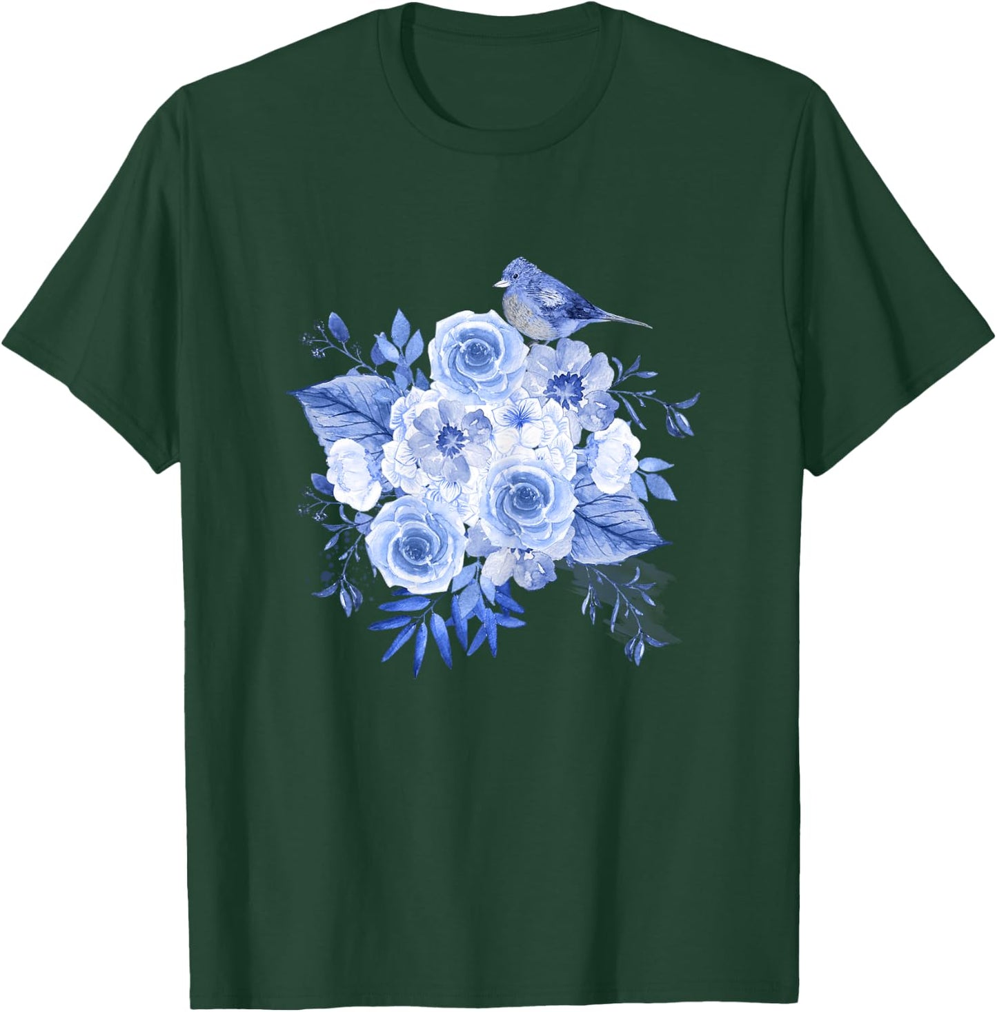 Blue flowers with bird floral design and Girl T-Shirt - T-Shirt | Forest