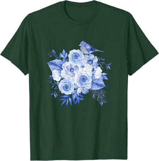 Blue flowers with bird floral design and Girl T-Shirt - T-Shirt | Forest