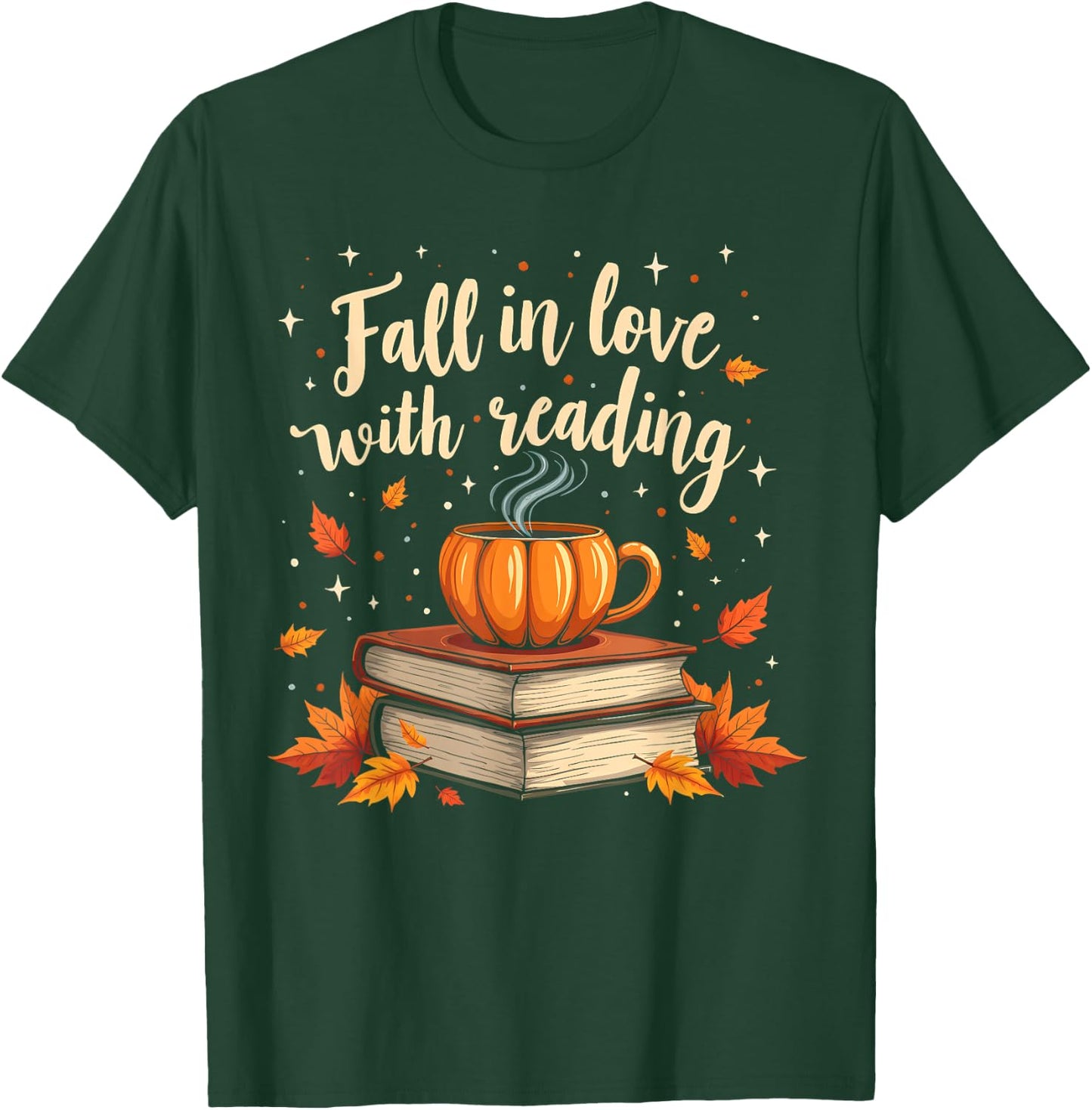 Fall In Love With Reading Book Autumn Pumpkins And Teachers T-Shirt - T-Shirt | Forest