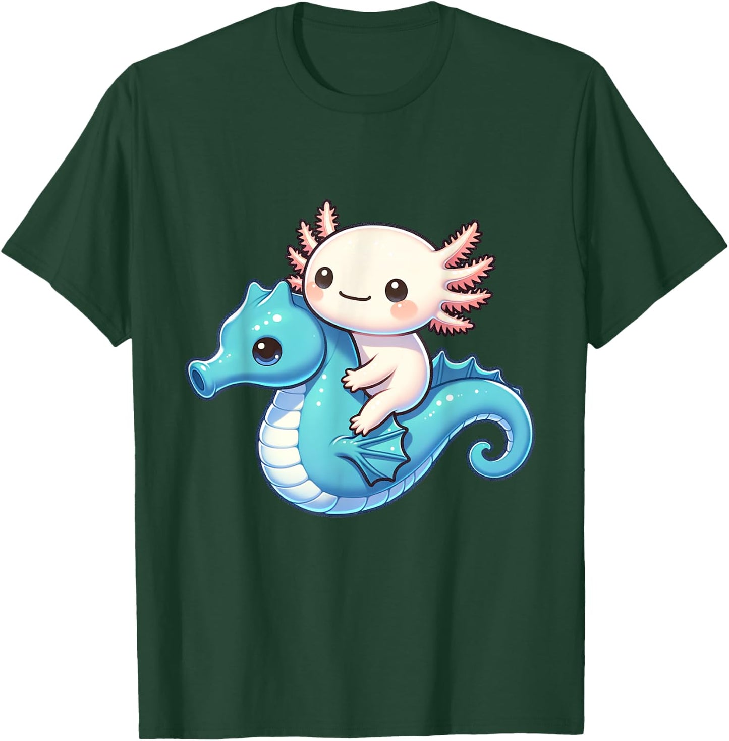 Cute Axolotl Riding A Seahorse. Funny Axolotls And Seahorses T-Shirt - T-Shirt | Forest