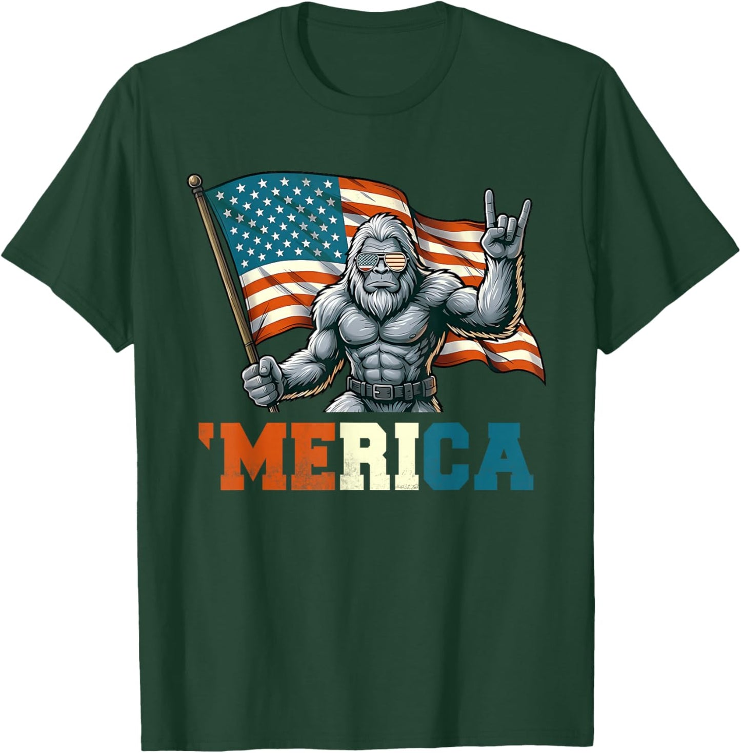 Bigfoot Sasquatch American Flag Patriotic Fourth of July Men T-Shirt - T-Shirt | Forest