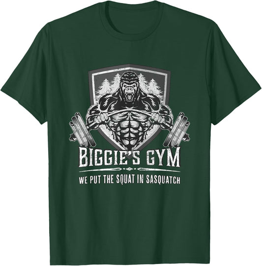Workout Shirt - Biggie's Gym Puts Squat in Sasquatch T-Shirt - T-Shirt | Forest