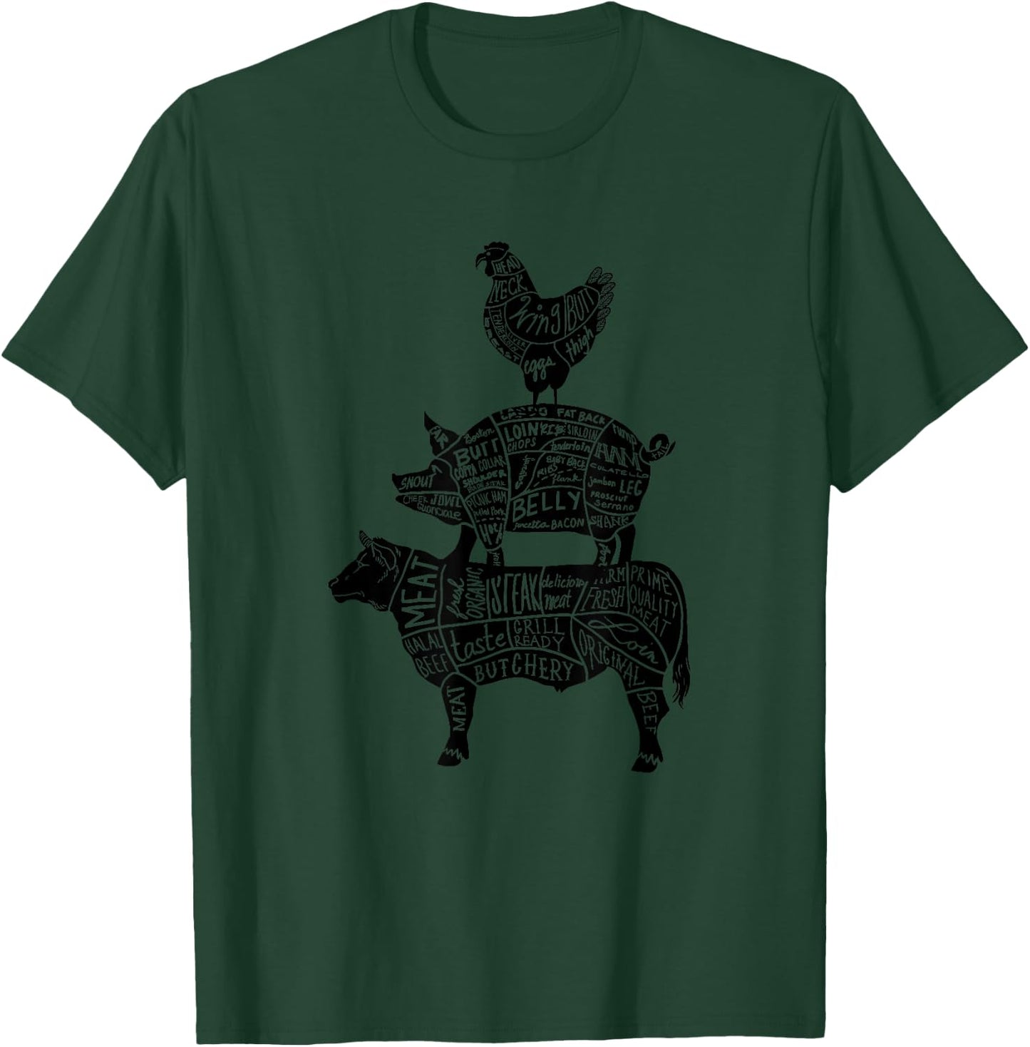 Cow Pig Chicken Parts Retro Beef Pork Poultry Meat Cuts Gift T-Shirt - T-Shirt | Forest
